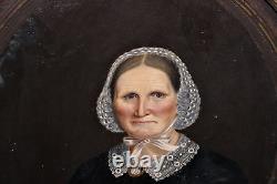 LARGE Antique 1800's Framed Oil Painting Stern Old Woman Bonnet Brooch Amish