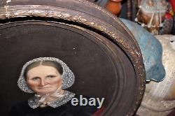 LARGE Antique 1800's Framed Oil Painting Stern Old Woman Bonnet Brooch Amish