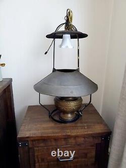 LARGE Antique 1890s Hanging Country Store Kerosene Oil Lamp with Tin Shade