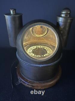 LARGE Antique Ship Compass DUAL OIL CONVERTED TO LAMP BINNACLE BRONZE/BRASS