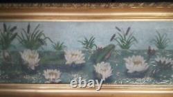 LARGE Antique Victorian LILLIES & CATTAILS Oil Painting C. 1880