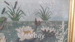 LARGE Antique Victorian LILLIES & CATTAILS Oil Painting C. 1880