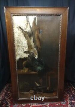 LARGE Levy (Jules Benoit) Oil Painting HUNTING 28X50in 19th c French ANTIQUE