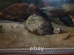 LARGE Levy (Jules Benoit) Oil Painting HUNTING 28X50in 19th c French ANTIQUE