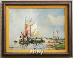LARGE Original Oil Canvas Painting Fishing Sail Boats Seascape Vintage Antique