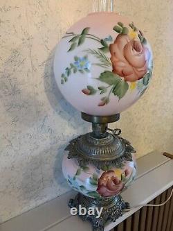 Large 1800's 26 Antique Rose Floral Electrified Gone with the Wind Oil Lamp
