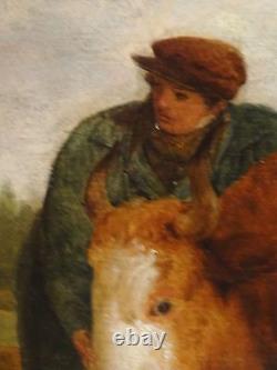 Large 18th Century Prize Bulls Farmer & Owner Landscape Antique Oil Painting