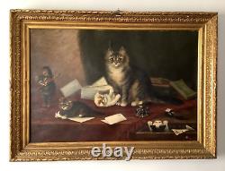Large 19th Century Antique Portrait of Cats Oil Painting by Maria Klerx