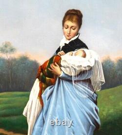 Large 19th Century German Mother & Baby Von Kaulbach Antique Oil Painting