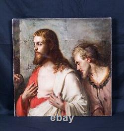Large 19th Century Pre Raphaelitel Jesus Christ & St Thomas Antique Oil Painting