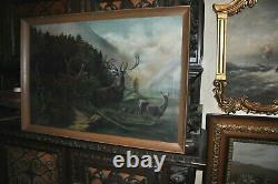 Large 19th century Antique Americana Deer Herd Oil on Canvas