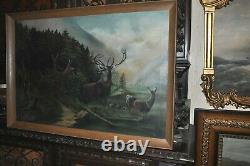 Large 19th century Antique Americana Deer Herd Oil on Canvas