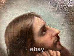 Large 40x30 Antique 19thC Portrait of Jesus Christ Praying at Night Old Master