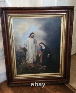 Large ANTIQUE OIL PAINTING On Canvas Jesus Religious Victoria Gold Trim FRAME