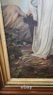 Large ANTIQUE OIL PAINTING On Canvas Jesus Religious Victoria Gold Trim FRAME