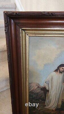 Large ANTIQUE OIL PAINTING On Canvas Jesus Religious Victoria Gold Trim FRAME