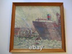 Large Antique 1920's Wpa Era Marina Nautical Port Painting Industrial Exhibited