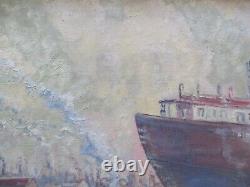 Large Antique 1920's Wpa Era Marina Nautical Port Painting Industrial Exhibited