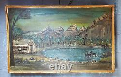 Large Antique 19thC American Folk Art Country Oil Painting 45 Log Cabin