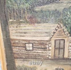 Large Antique 19thC American Folk Art Country Oil Painting 45 Log Cabin