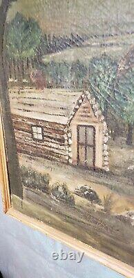 Large Antique 19thC American Folk Art Country Oil Painting 45 Log Cabin