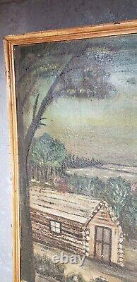 Large Antique 19thC American Folk Art Country Oil Painting 45 Log Cabin