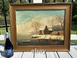 Large Antique 19thC American Folk Art Hudson River Oil Painting