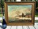 Large Antique 19thc American Folk Art Hudson River Oil Painting