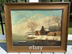 Large Antique 19thC American Folk Art Hudson River Oil Painting