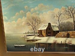 Large Antique 19thC American Folk Art Hudson River Oil Painting