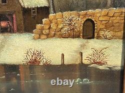 Large Antique 19thC American Folk Art Hudson River Oil Painting