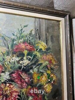 Large Antique AA Still Life With Vase Of Flowers Oil Painting Signed/Framed