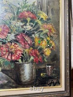 Large Antique AA Still Life With Vase Of Flowers Oil Painting Signed/Framed