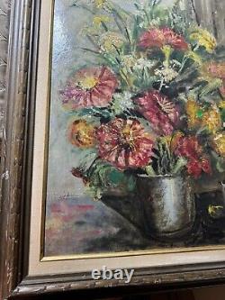 Large Antique AA Still Life With Vase Of Flowers Oil Painting Signed/Framed