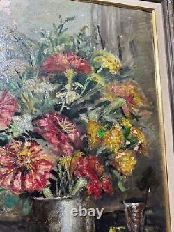 Large Antique AA Still Life With Vase Of Flowers Oil Painting Signed/Framed