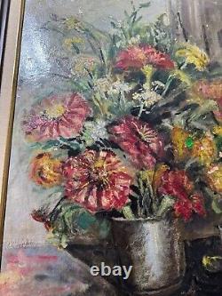 Large Antique AA Still Life With Vase Of Flowers Oil Painting Signed/Framed