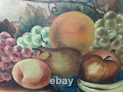 Large Antique American School Folkart Fruit Still Life Oil Painting On Canvas