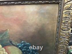 Large Antique American School Folkart Fruit Still Life Oil Painting On Canvas