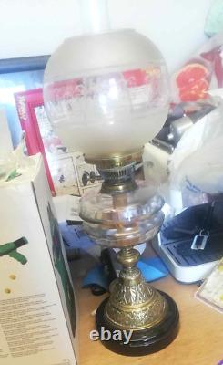 Large Antique Corinthian Column Oil Lamp With Cut Glass Font, Etched Globe Shade