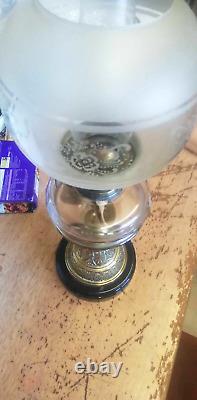 Large Antique Corinthian Column Oil Lamp With Cut Glass Font, Etched Globe Shade