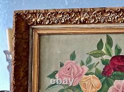 Large Antique Cottage Chic Yard Long Rose Oil Painting In Heavy Gold Gilt Frame