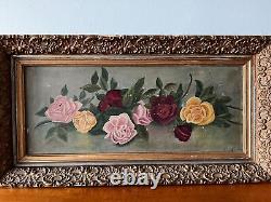 Large Antique Cottage Chic Yard Long Rose Oil Painting In Heavy Gold Gilt Frame