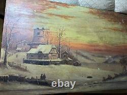 Large Antique Figures In A Winter Landscape Scene Oil On Panel Painting