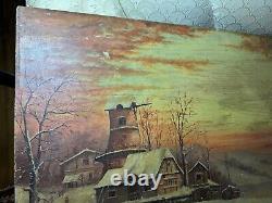 Large Antique Figures In A Winter Landscape Scene Oil On Panel Painting