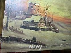 Large Antique Figures In A Winter Landscape Scene Oil On Panel Painting