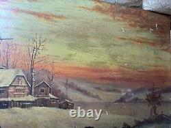 Large Antique Figures In A Winter Landscape Scene Oil On Panel Painting