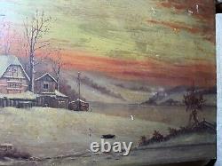 Large Antique Figures In A Winter Landscape Scene Oil On Panel Painting