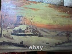 Large Antique Figures In A Winter Landscape Scene Oil On Panel Painting