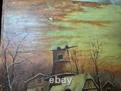 Large Antique Figures In A Winter Landscape Scene Oil On Panel Painting