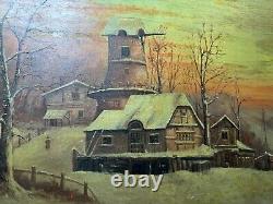 Large Antique Figures In A Winter Landscape Scene Oil On Panel Painting